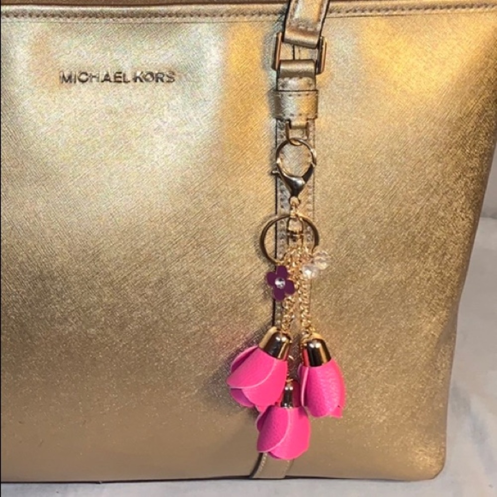 Hot Pink Leather Rose & Bling Bag Charm Keychain